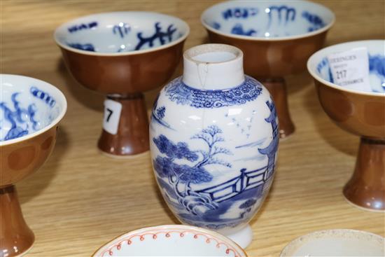Four Chinese cafe au lait glazed stem cups and two bowls and a blue and white tea caddy tallest 11.5cm